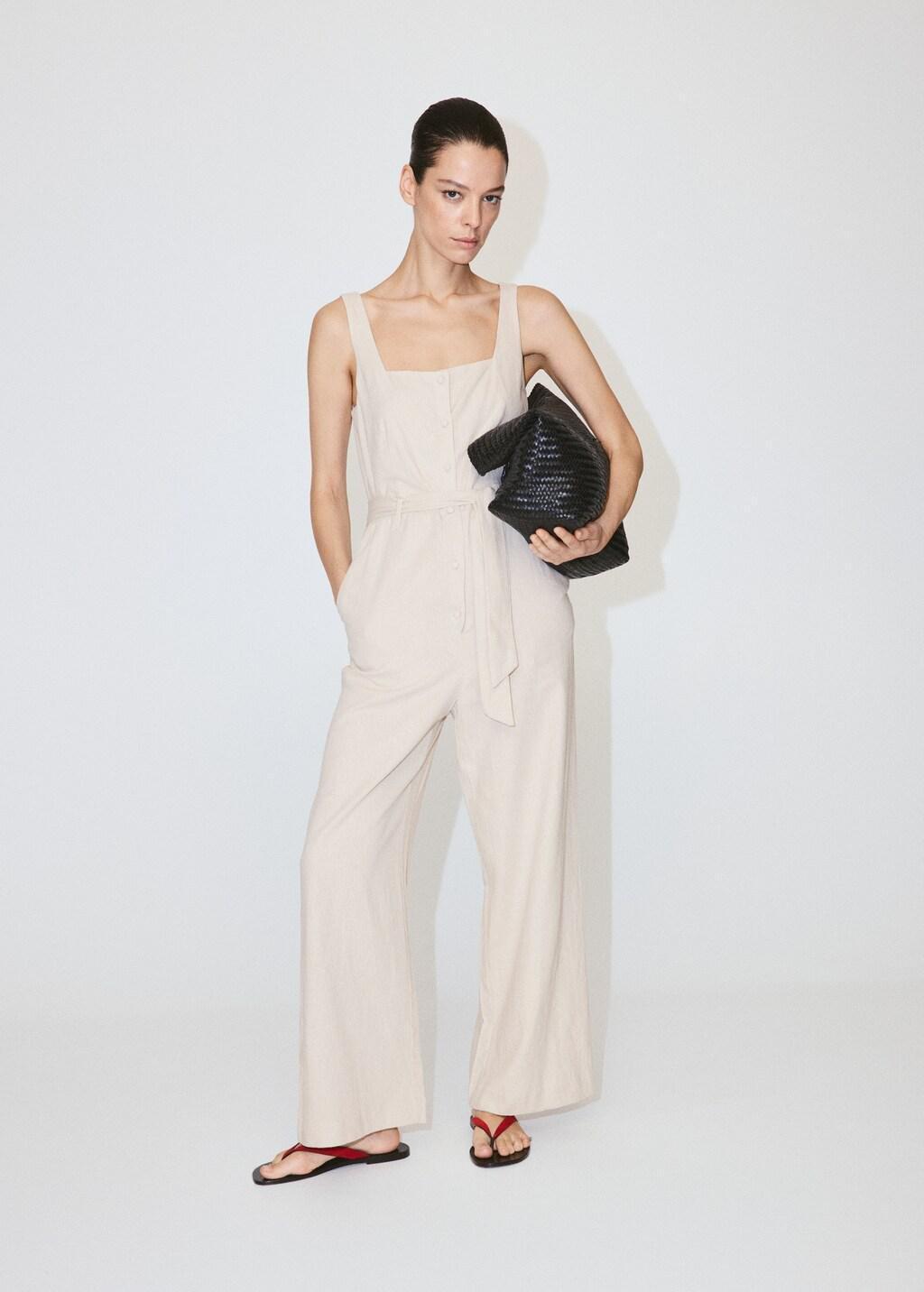 Brown Lt Pastel Linen Cropped Playsuit With Belt, Light Pastel Brown, large image number 0