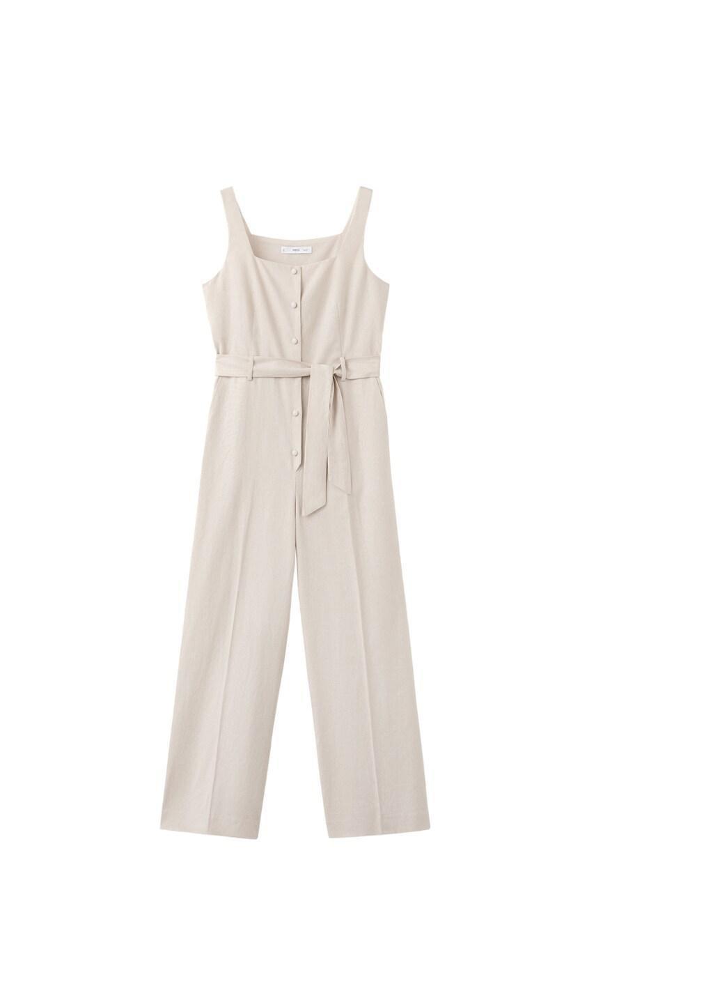 Brown Lt Pastel Linen Cropped Playsuit With Belt, Light Pastel Brown, large image number 6