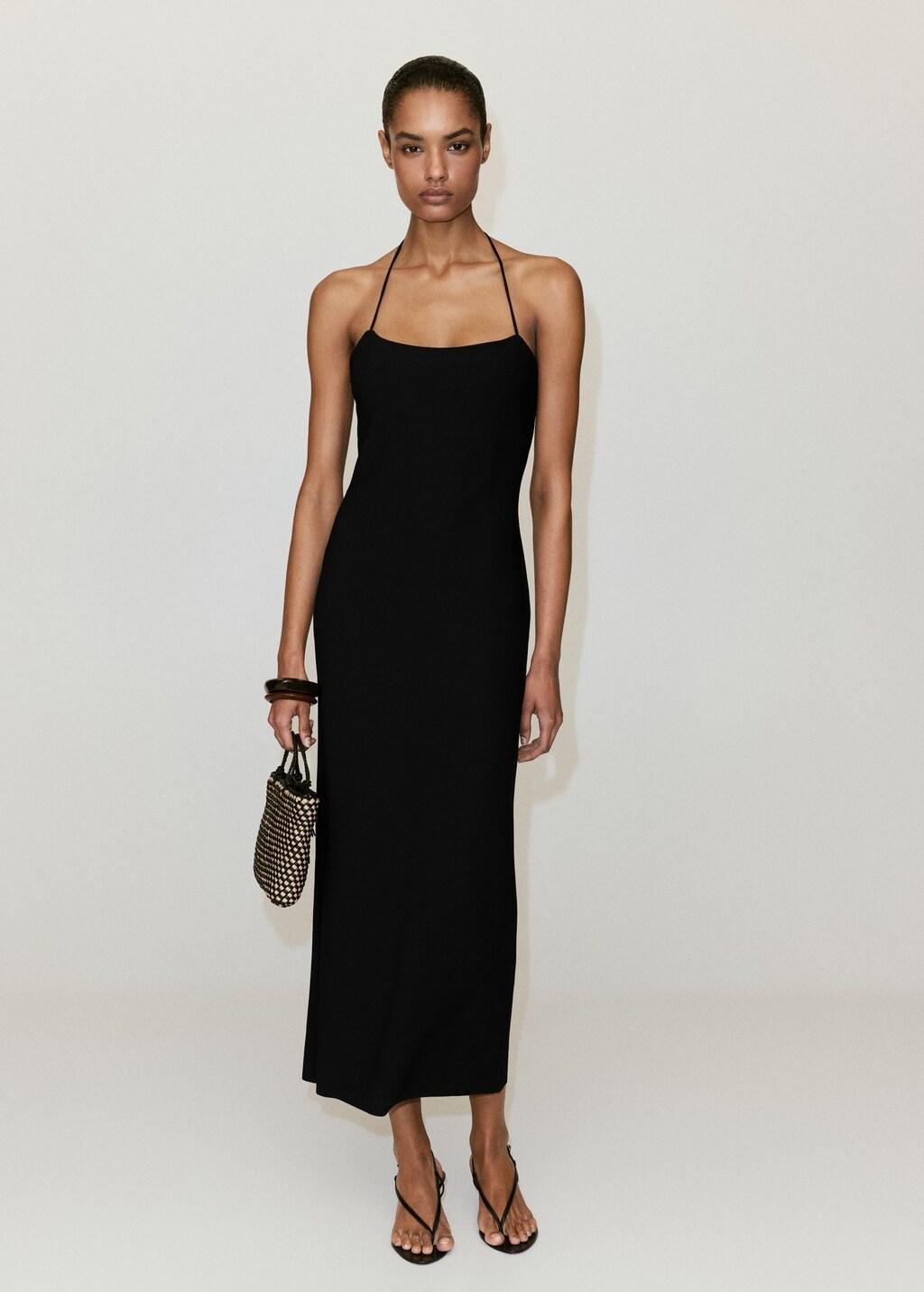 Black Fitted Halter-Neck Dress, Black, large image number 0