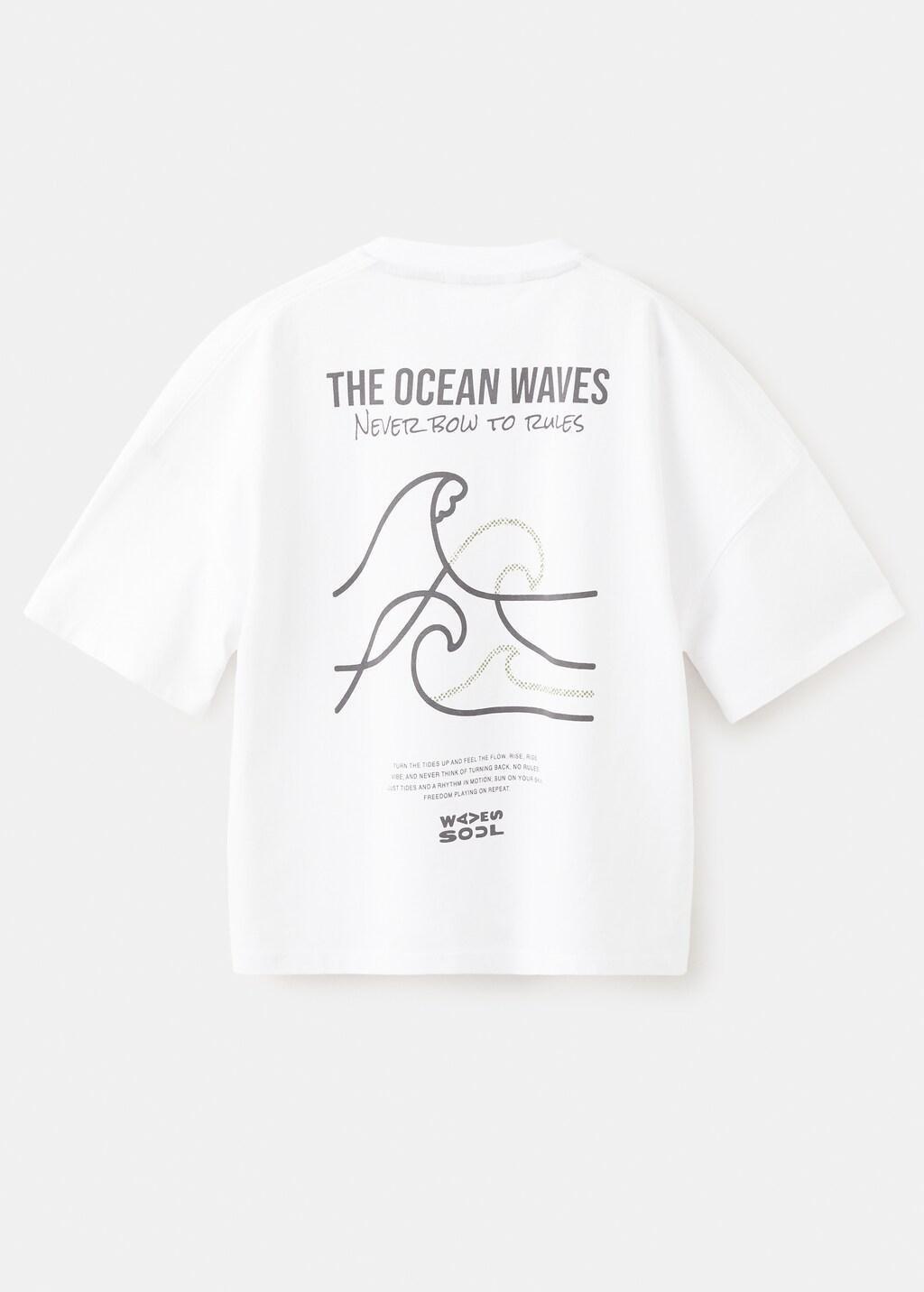 White Cotton T-Shirt With Surf Print, Kids Boys, White, large image number 2