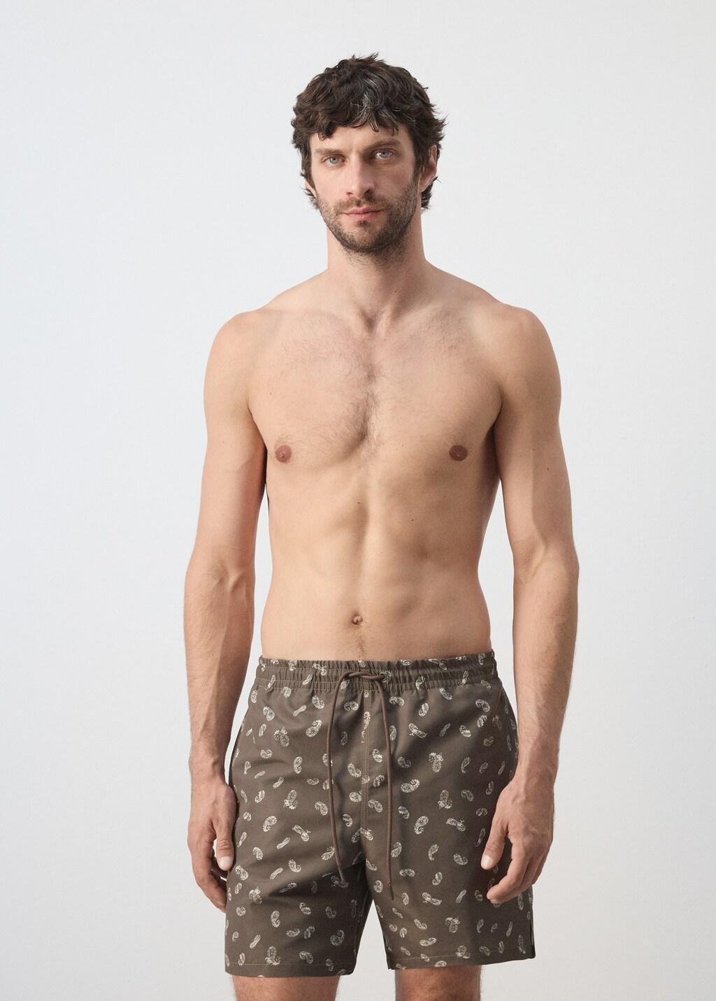 Brown Printed Drawstring Swimming Costume, Brown, large image number 3