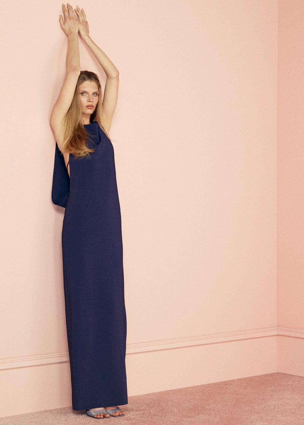 Blue Draped Open-Back Dress, Dark Blue, large image number 0