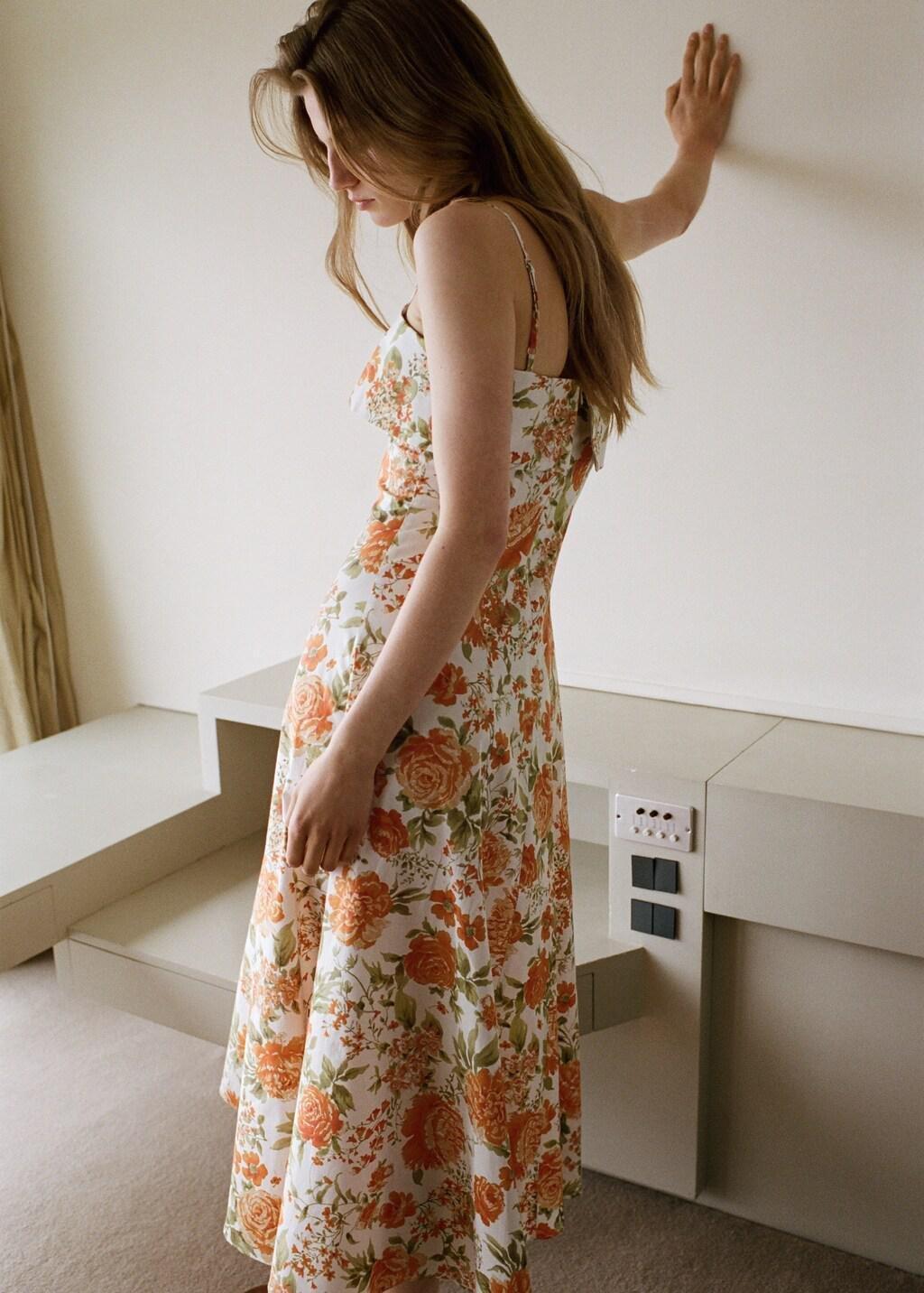 Orange Floral-Print Flared Dress, Orange, large image number 2