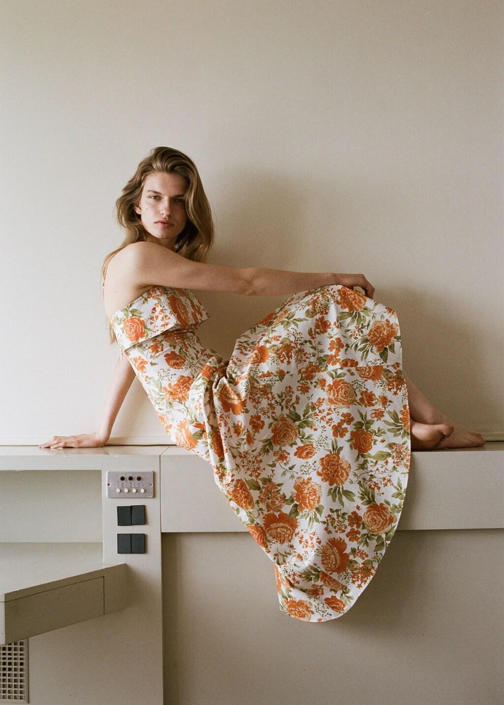 Orange Floral-Print Flared Dress, Orange, large image number 3