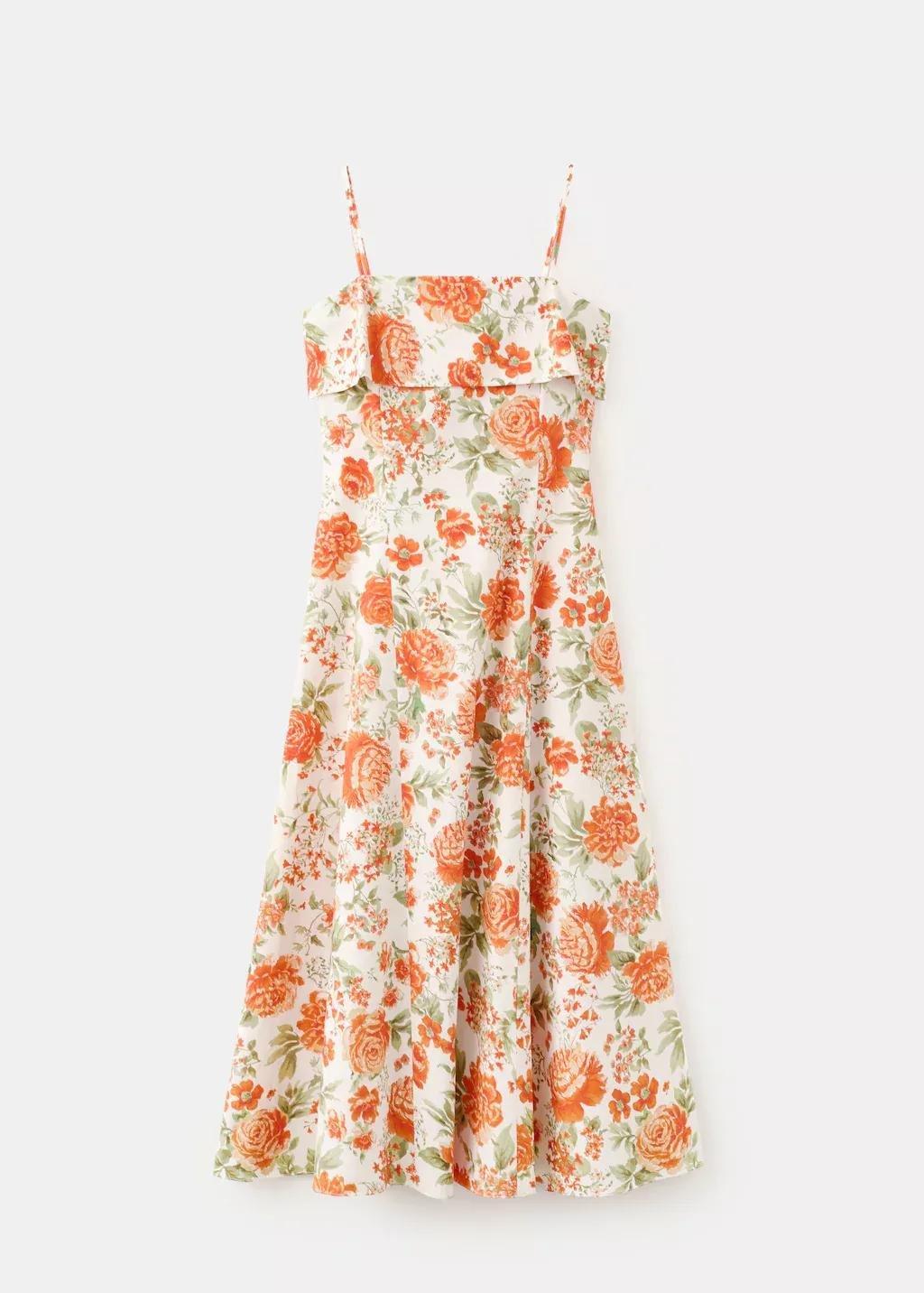 Orange Floral-Print Flared Dress, Orange, large image number 6