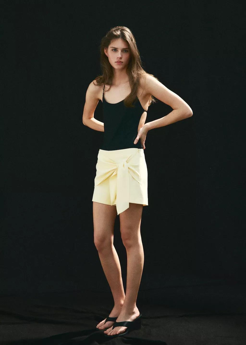 Yellow Straight Shorts With Tie Detail, Yellow, large image number 0