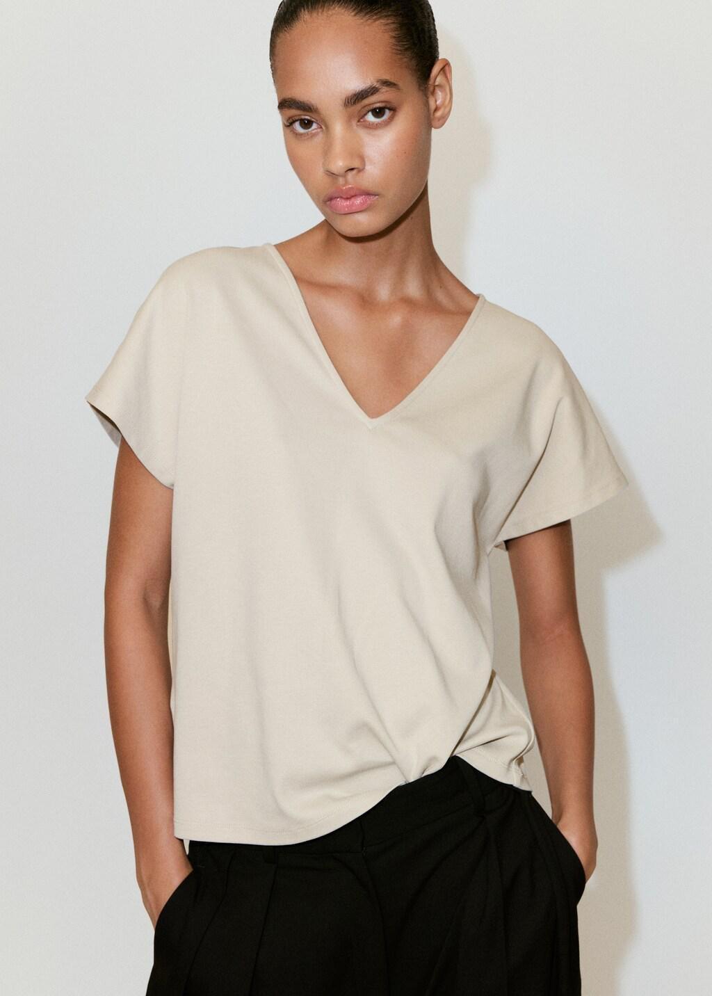 Grey V-Neck Cotton T-Shirt, Light Pastel Grey, large image number 3