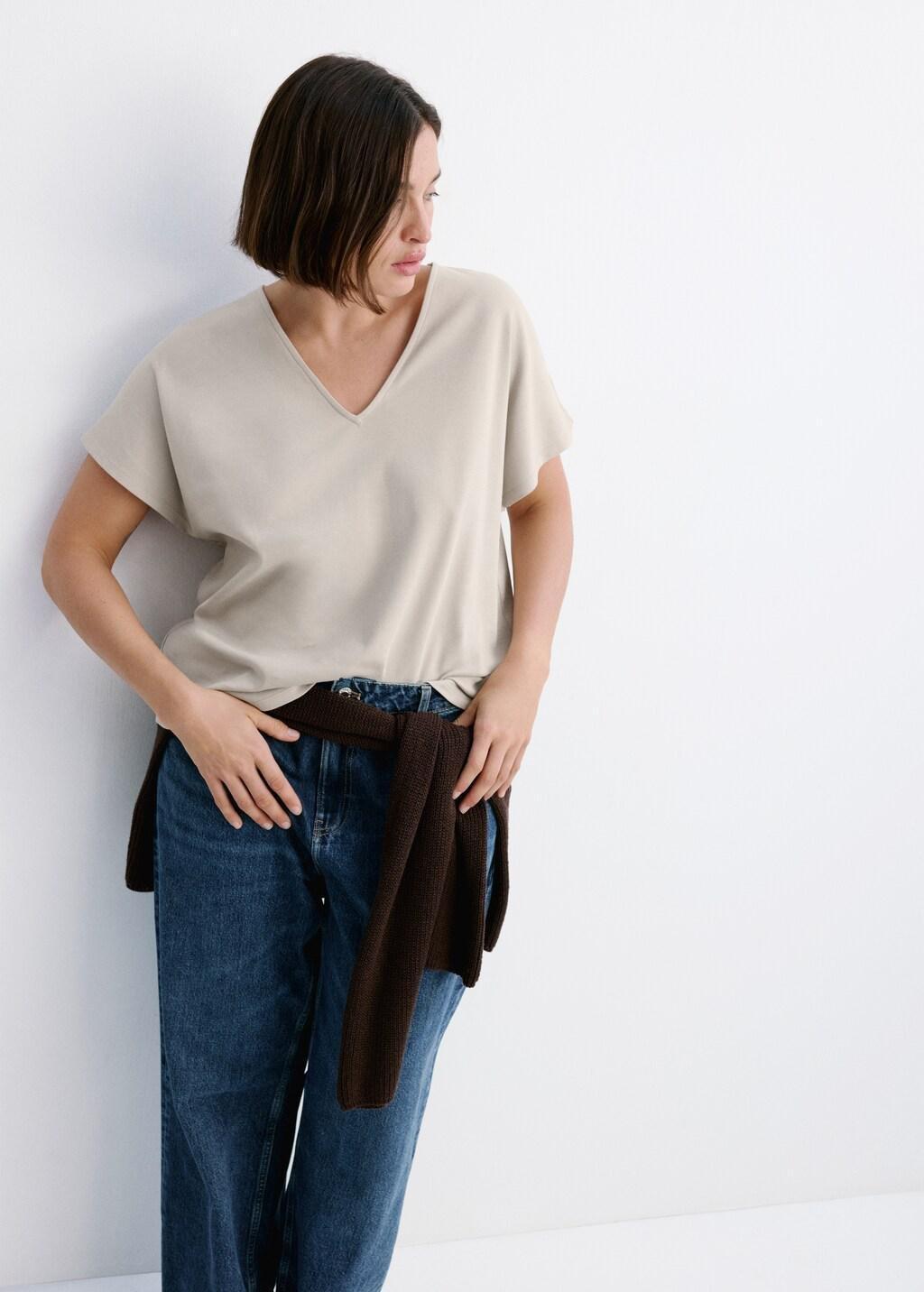 Grey V-Neck Cotton T-Shirt, Light Pastel Grey, large image number 6