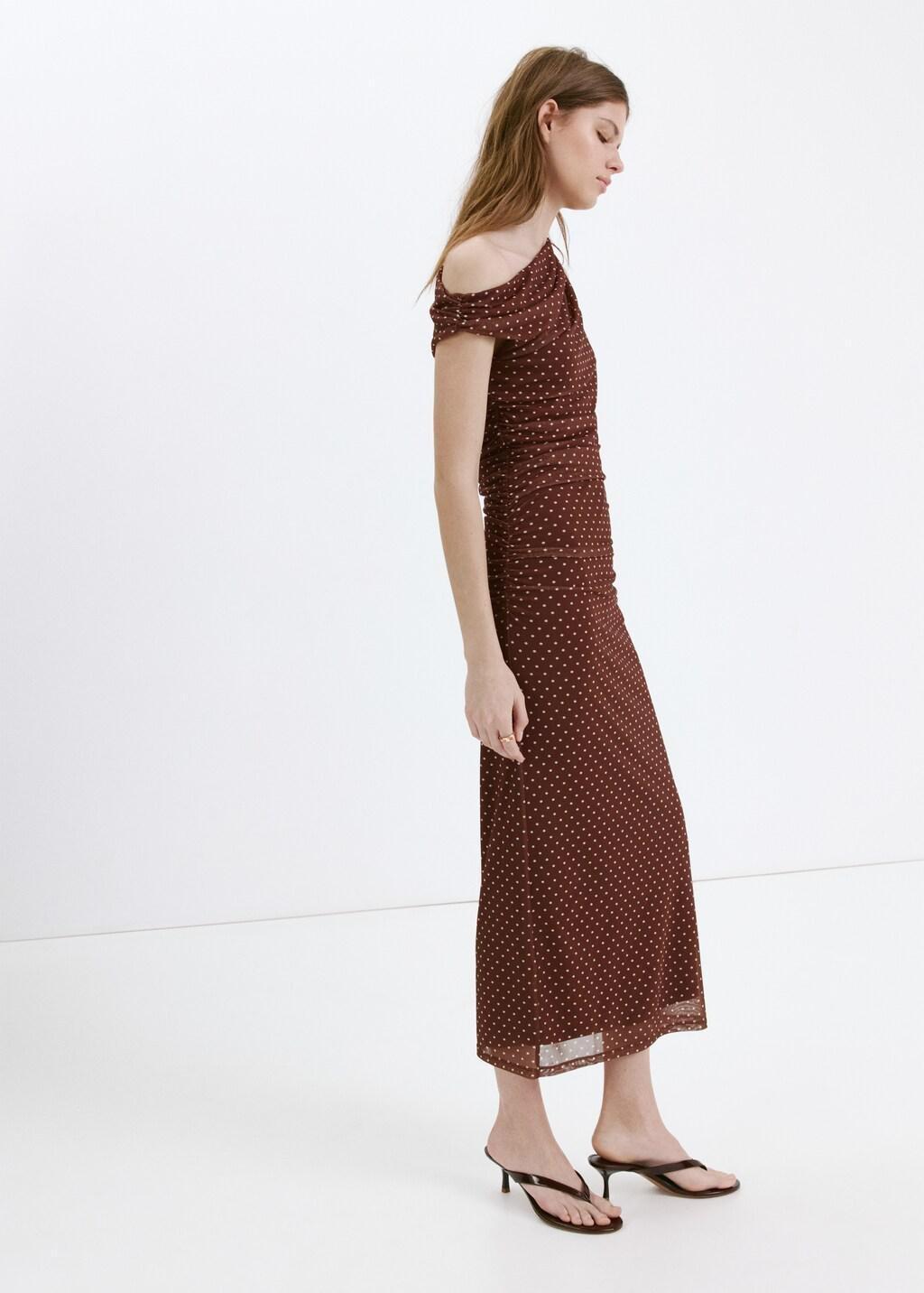 Brown Fitted Polka Dot Midi Dress, Brown, large image number 0