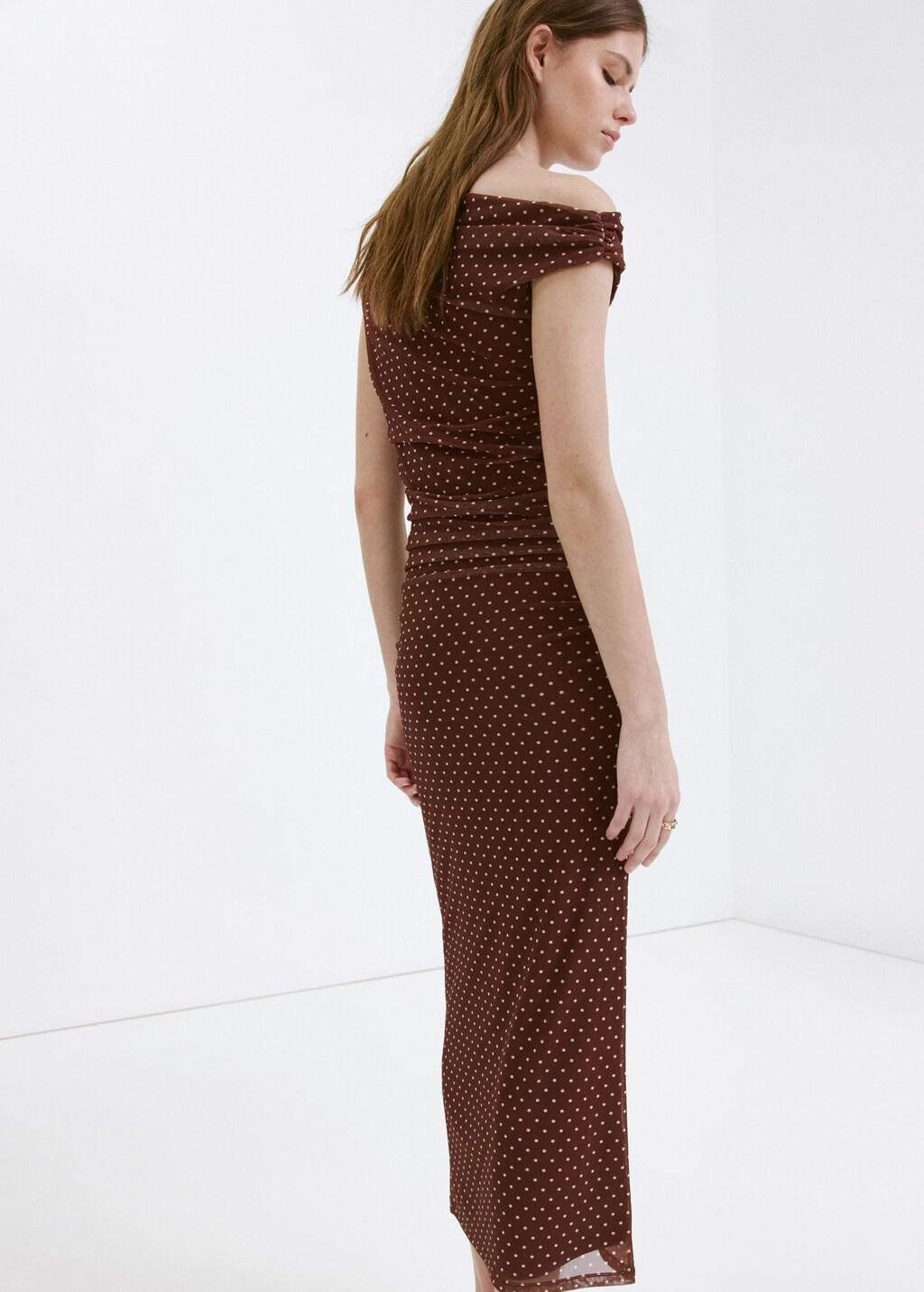 Brown Fitted Polka Dot Midi Dress, Brown, large image number 2