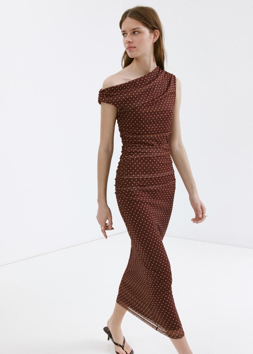 Brown Fitted Polka Dot Midi Dress, Brown, large image number 3