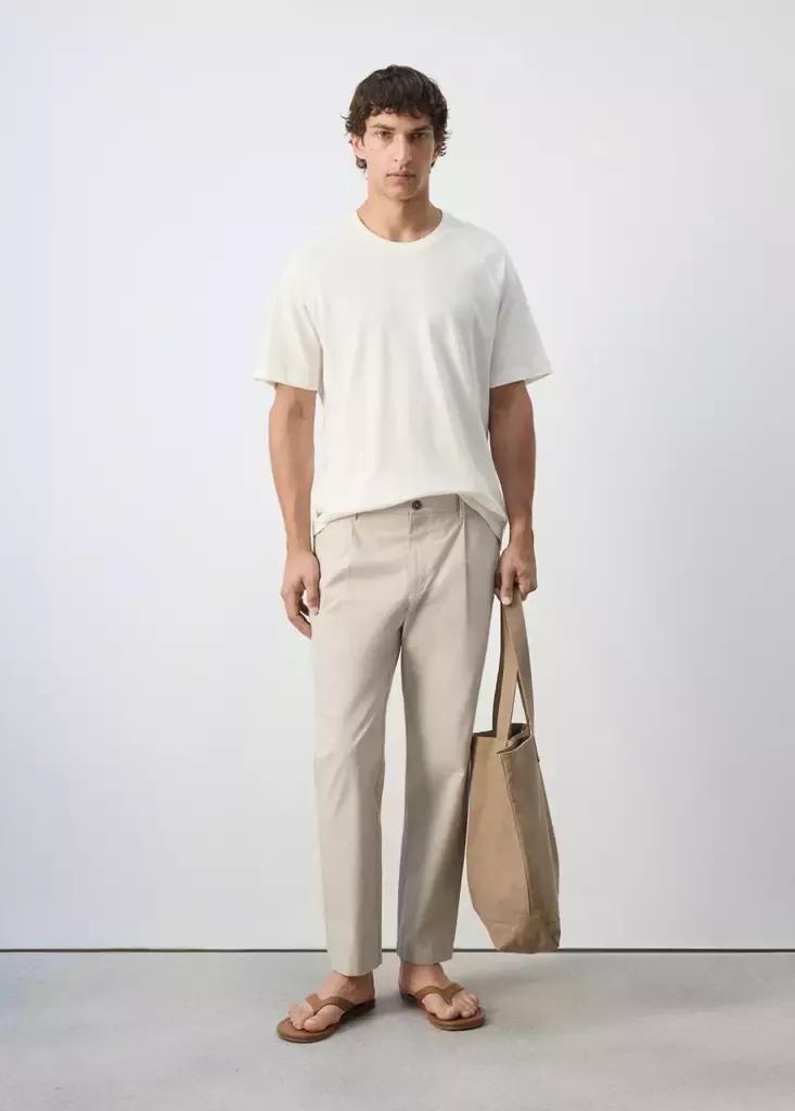 Brown Regular Fit Cotton Blend Pleated Striped Trousers, Medium Brown, large image number 0