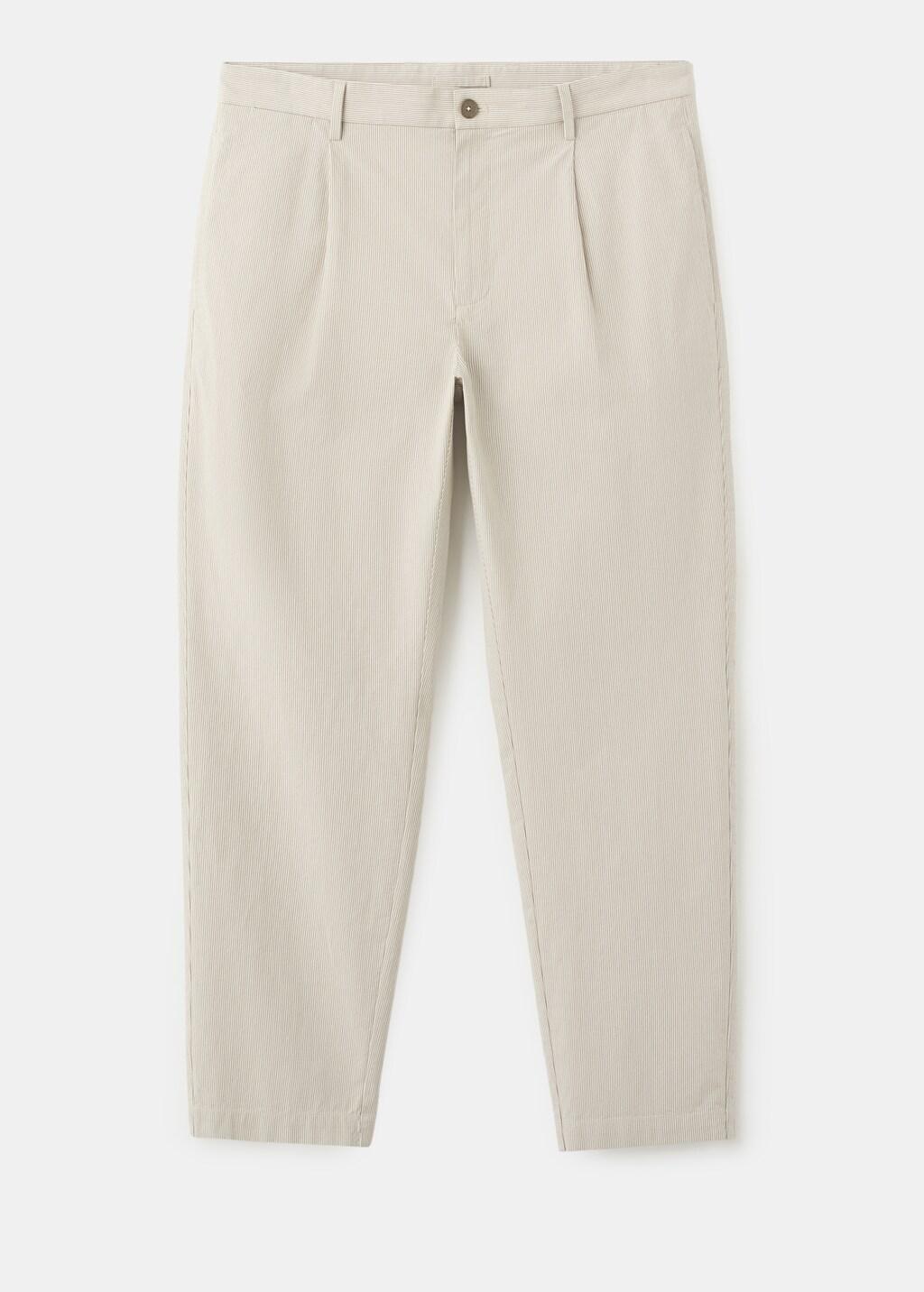 Brown Regular Fit Cotton Blend Pleated Striped Trousers, Medium Brown, large image number 5