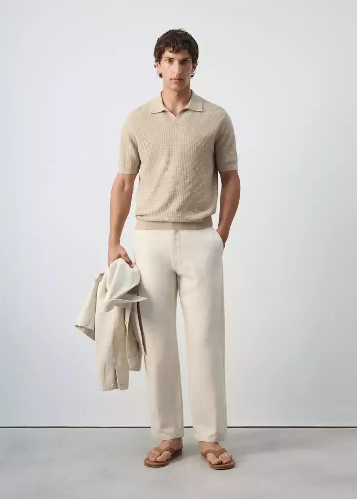 BEIGE 100% cotton knitted polo structure, Light Beige, medium
