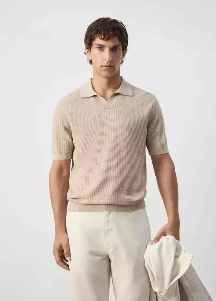 BEIGE 100% cotton knitted polo structure, Light Beige, medium