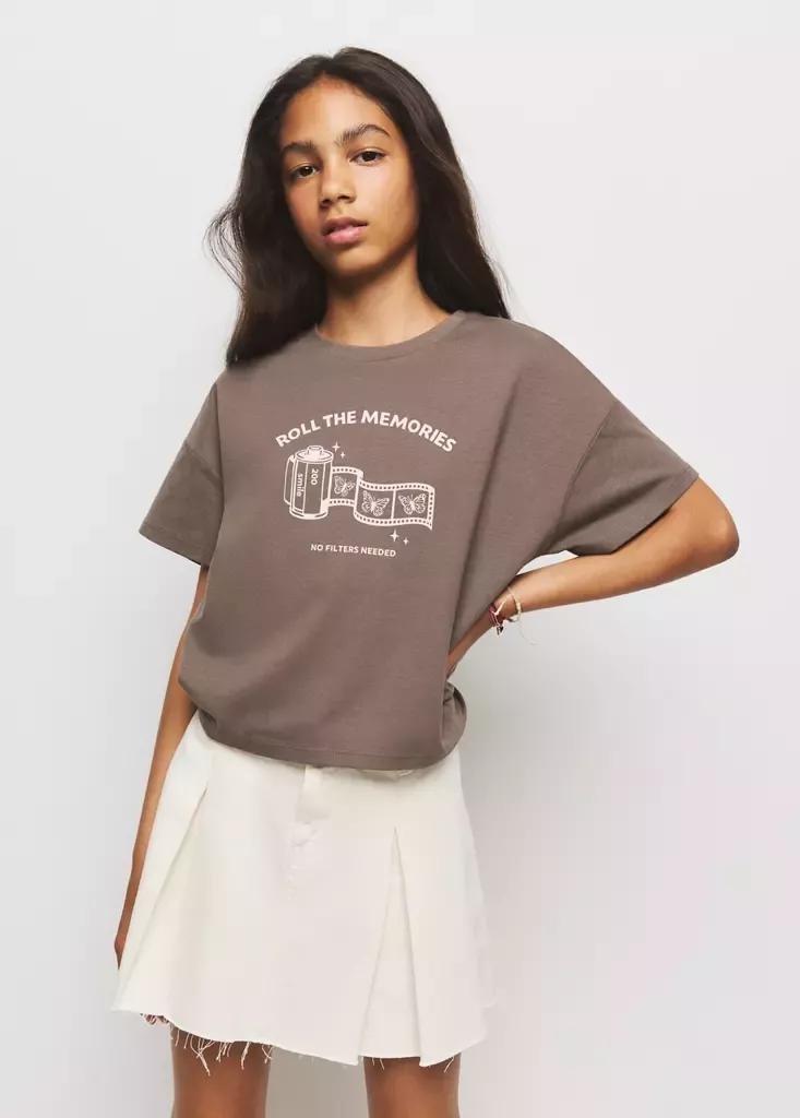 Brown Cotton T-Shirt With Print Detail, Kids Girls, Brown, large image number 2
