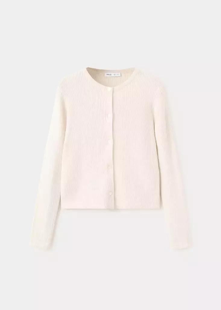 Beige Fine-Knit Cotton Cardigan, Kids Girls, Light Beige, medium