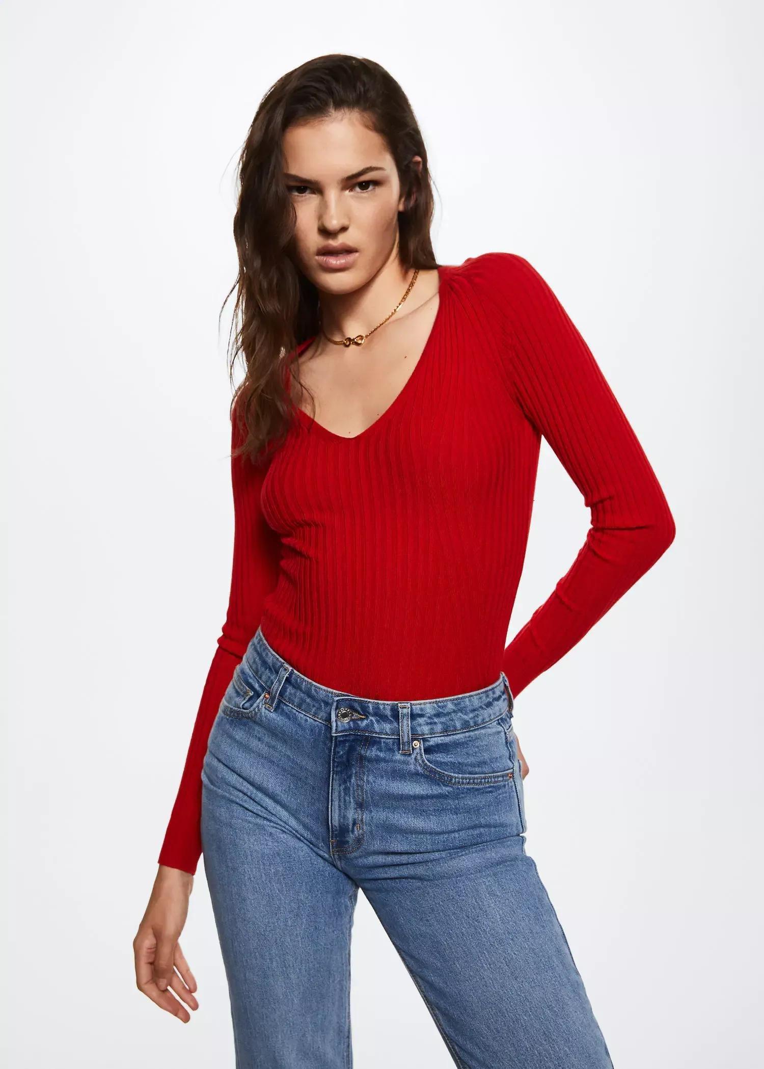 red V-neck ribbed knit sweater, , large image number 0