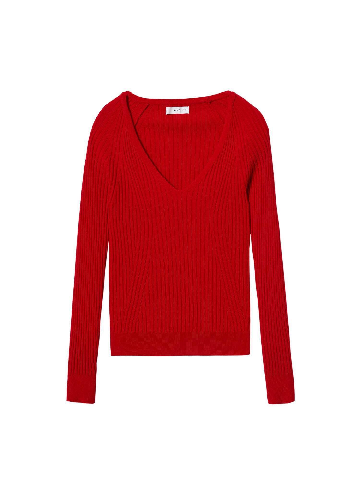 red V-neck ribbed knit sweater, , large image number 4