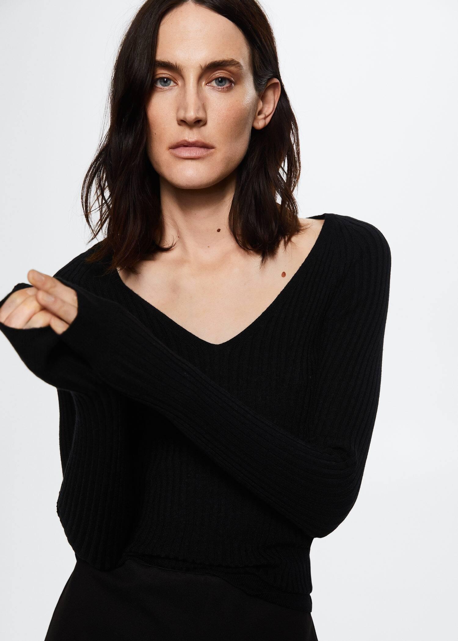 black V-neck ribbed knit sweater, , large image number 1