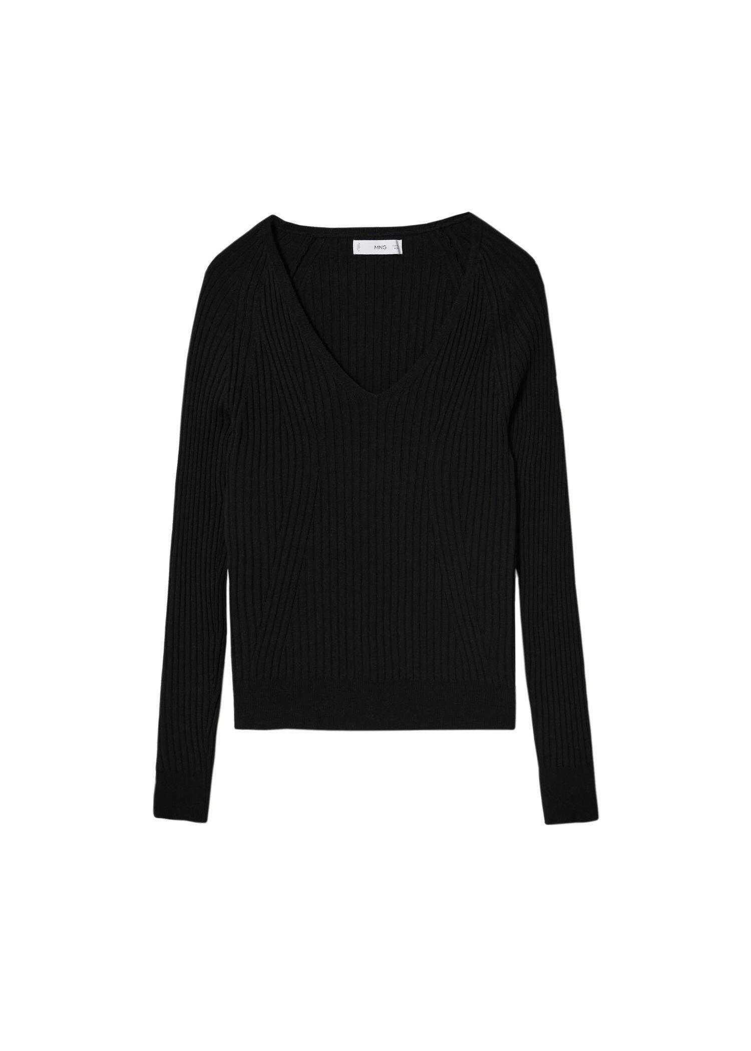 black V-neck ribbed knit sweater, , large image number 5