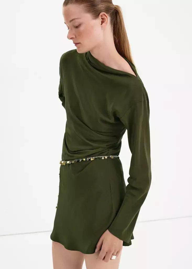 Green Boat-Neck Ruched Dress, Green, large image number 0