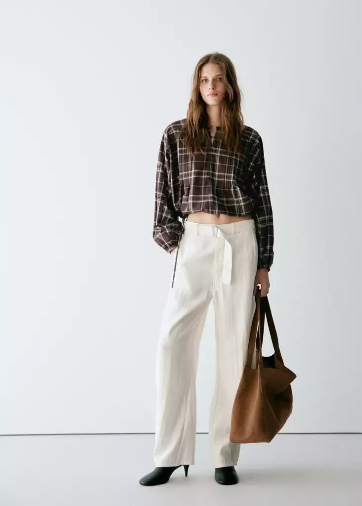 Brown Checked Shirt With Puffed Sleeves, Brown, large image number 0