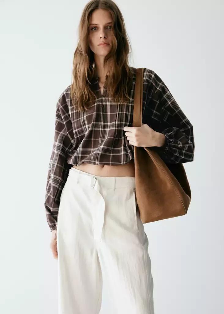 Brown Checked Shirt With Puffed Sleeves, Brown, large image number 1