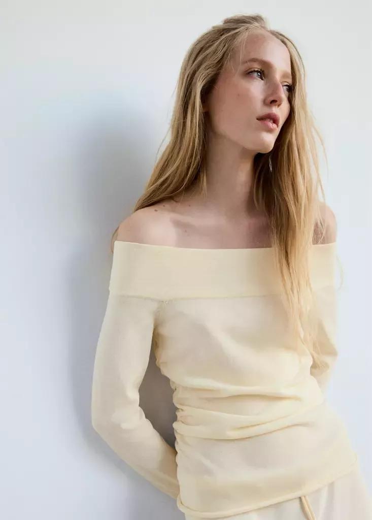 Cream Off-The-Shoulder Knitted Sweater, , large image number 1