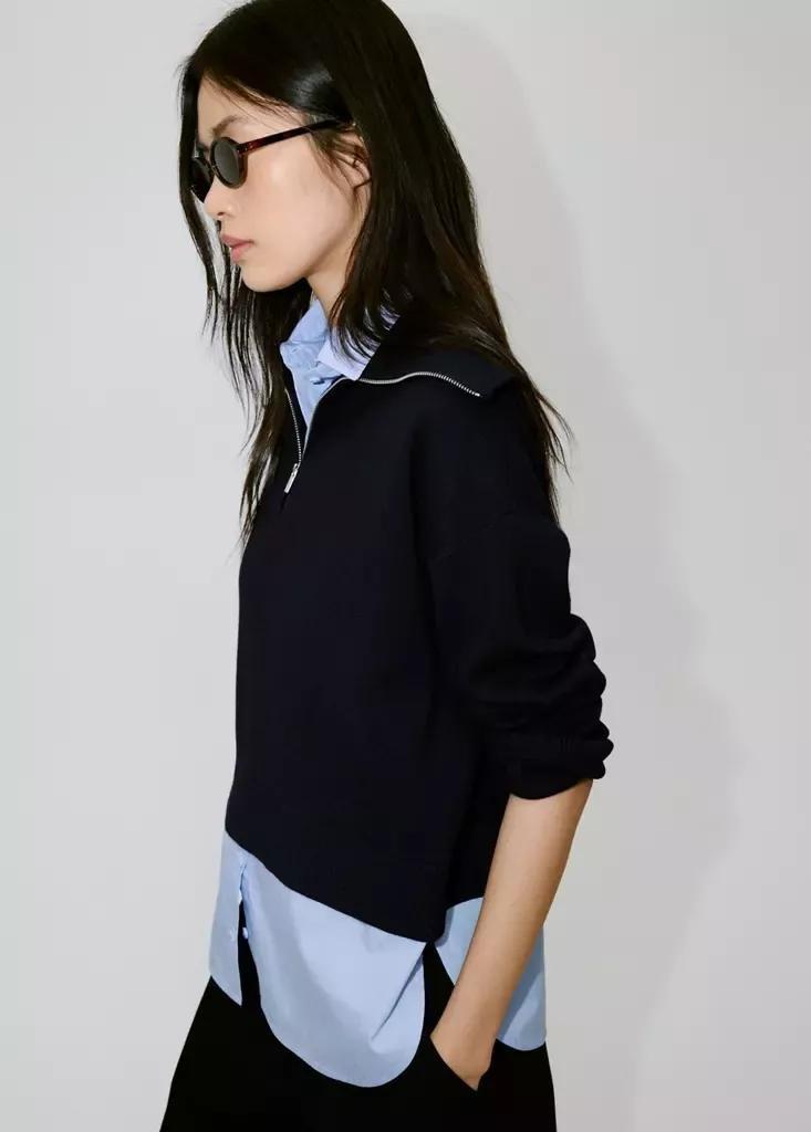 Navy Layered Knit Jumper With Shirt, Navy, large image number 1
