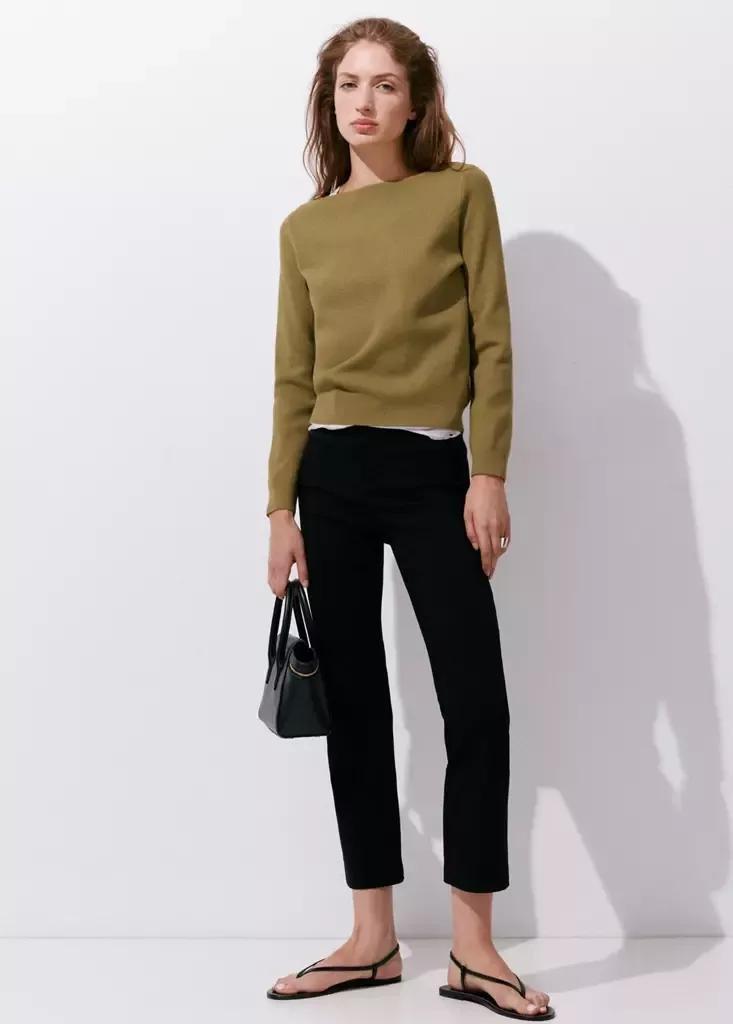 Khaki Fine-Knit Boat-Neck Sweater, Beige - Khaki, large image number 0