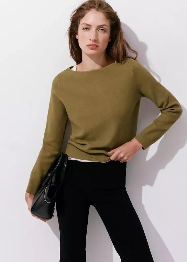 Khaki Fine-Knit Boat-Neck Sweater, Beige - Khaki, large image number 1