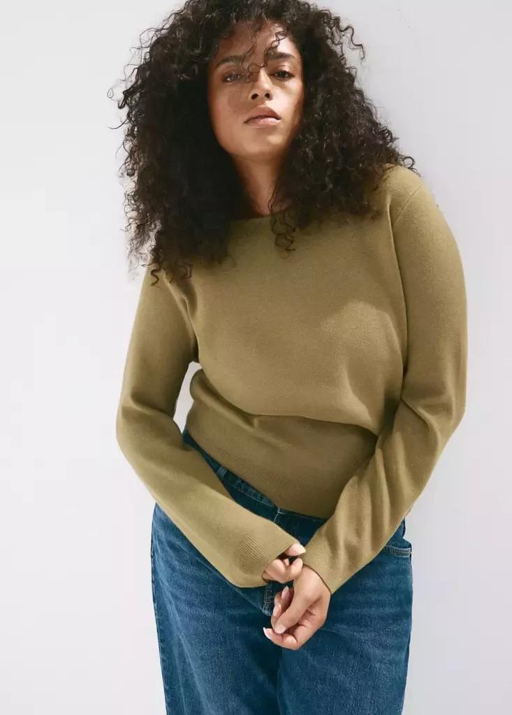 Khaki Fine-Knit Boat-Neck Sweater, Beige - Khaki, large image number 8