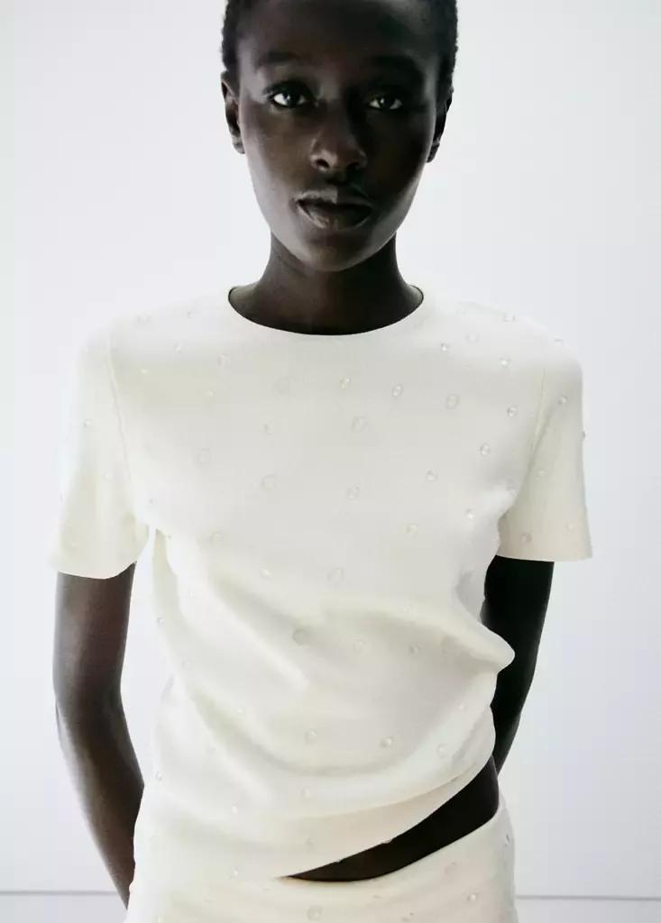Cream Short-Sleeve Beaded Sweater, , large image number 3