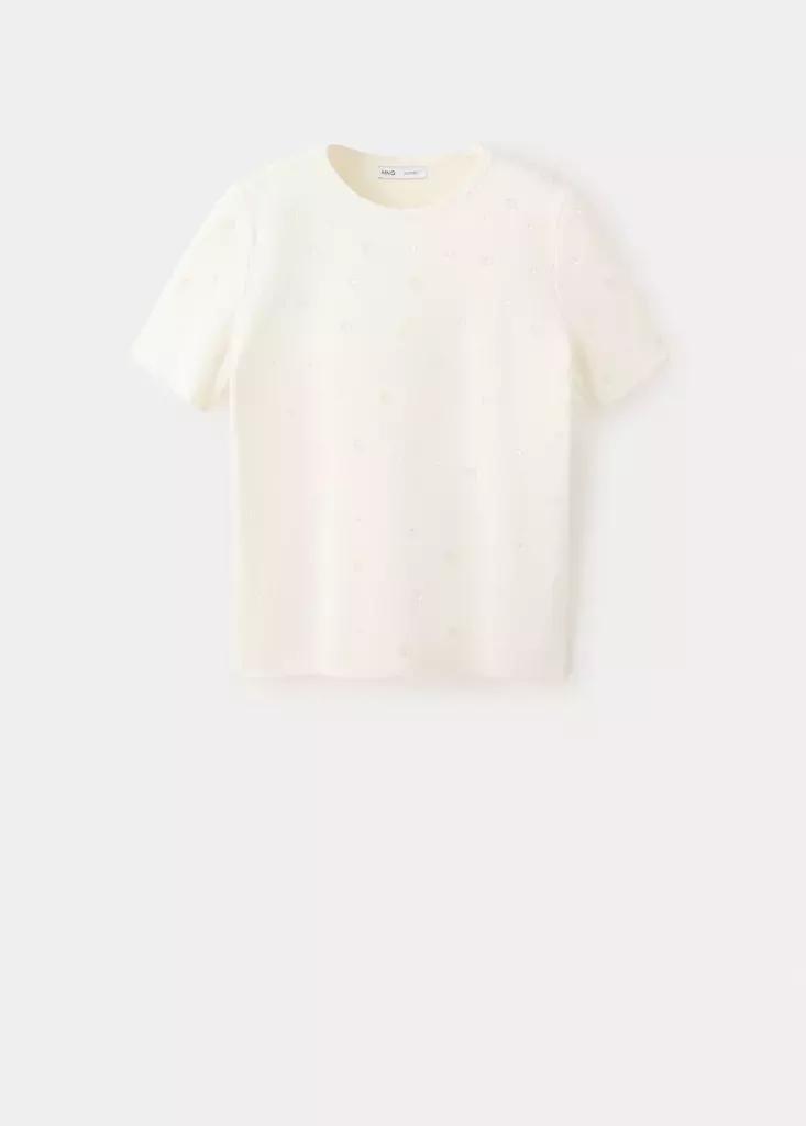 Cream Short-Sleeve Beaded Sweater, , large image number 4