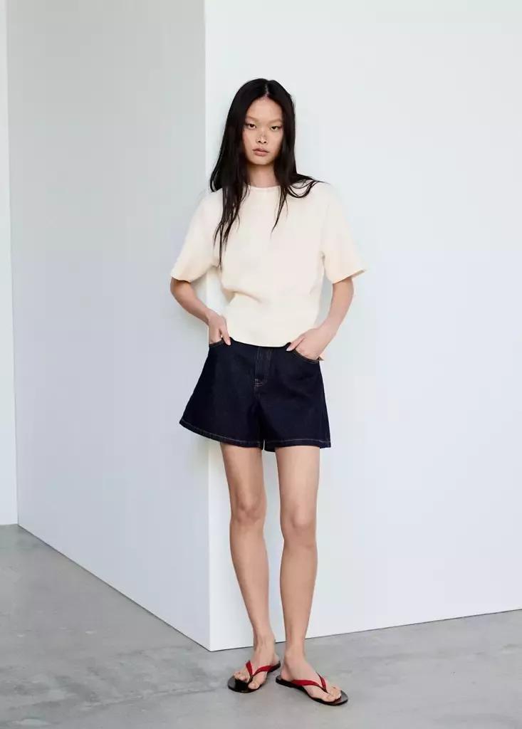 Cream Short-Sleeved Fine-Knit Sweater, , medium