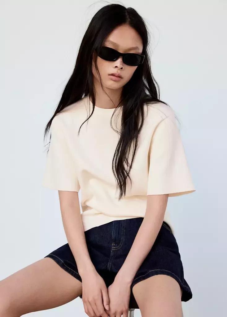 Cream Short-Sleeved Fine-Knit Sweater, , medium
