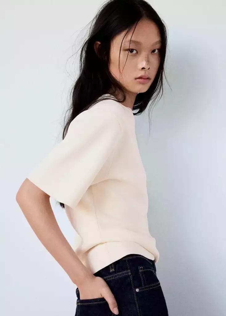 Cream Short-Sleeved Fine-Knit Sweater, , large image number 3