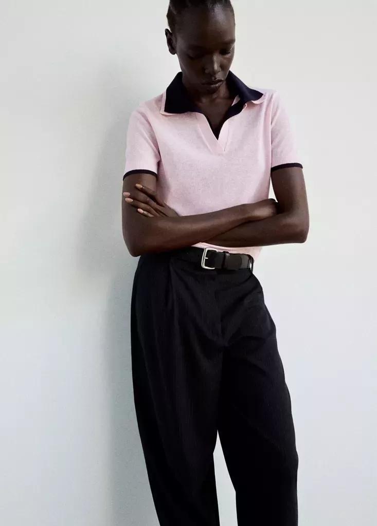 Pink Contrast Polo Neck Sweater, Light-Pastel Pink, medium