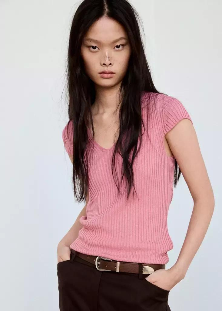 Red V-Neck Ribbed Knit Sweater, , large image number 4