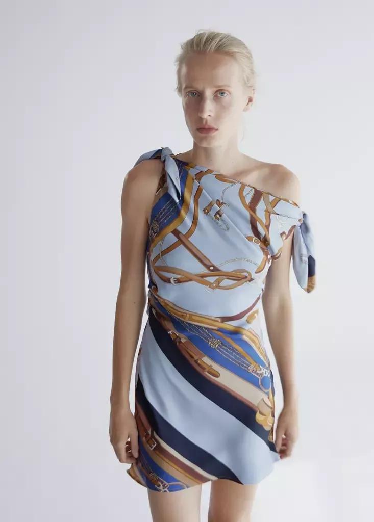 Blue Printed Asymmetrical Dress, , medium