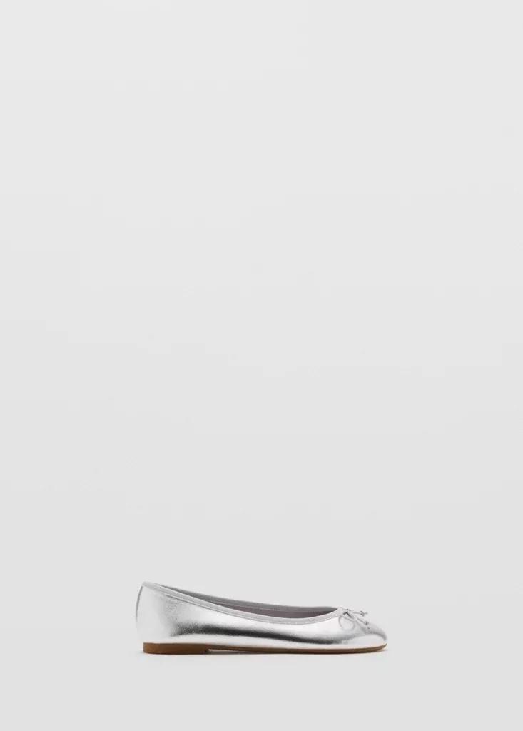 Silver Metallic Ballet Flats With Bow, , medium