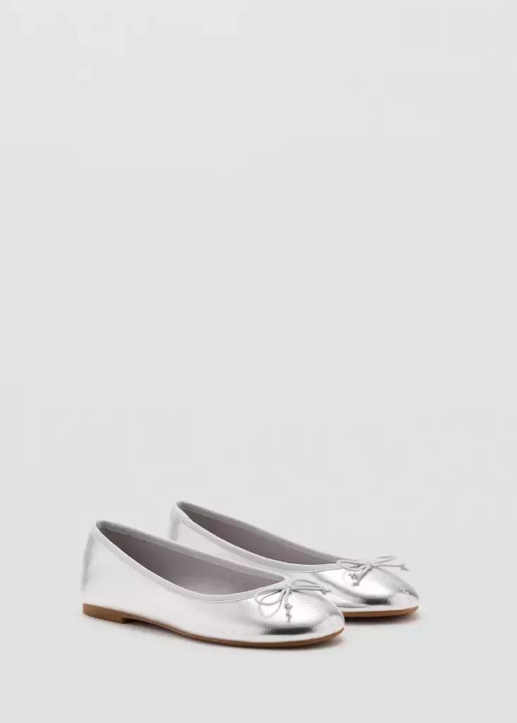 Silver Metallic Ballet Flats With Bow, , medium