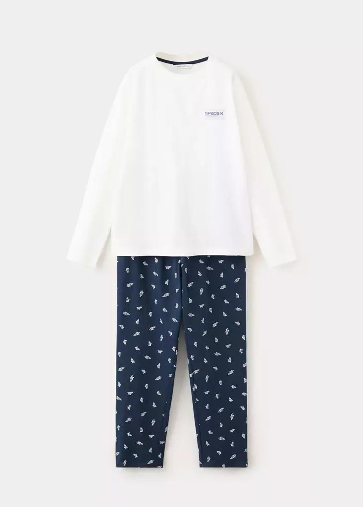 White Full Cotton Rocket Pyjama Set, Kids Boys, Natural White, large image number 0