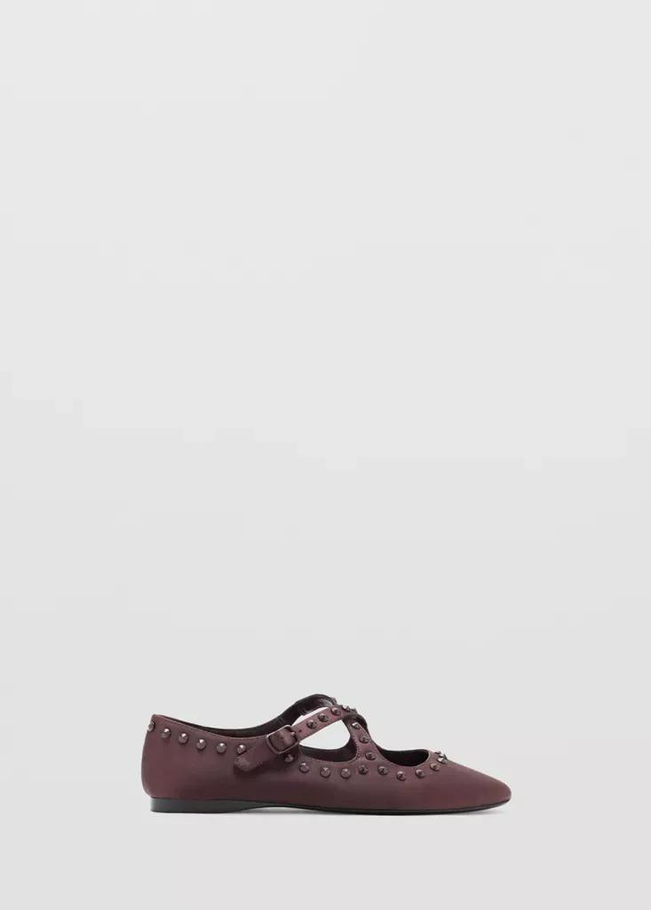 Brown Satin Studded Ballerinas, , large image number 0