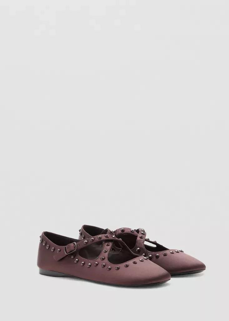 Brown Satin Studded Ballerinas, , medium