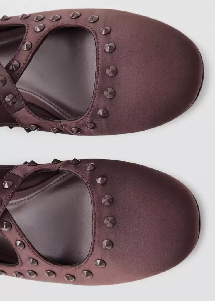 Brown Satin Studded Ballerinas, , large image number 3