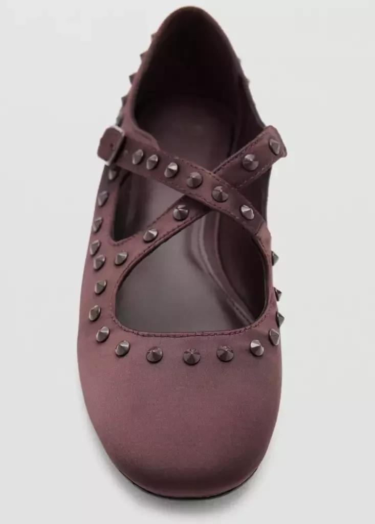 Brown Satin Studded Ballerinas, , large image number 4
