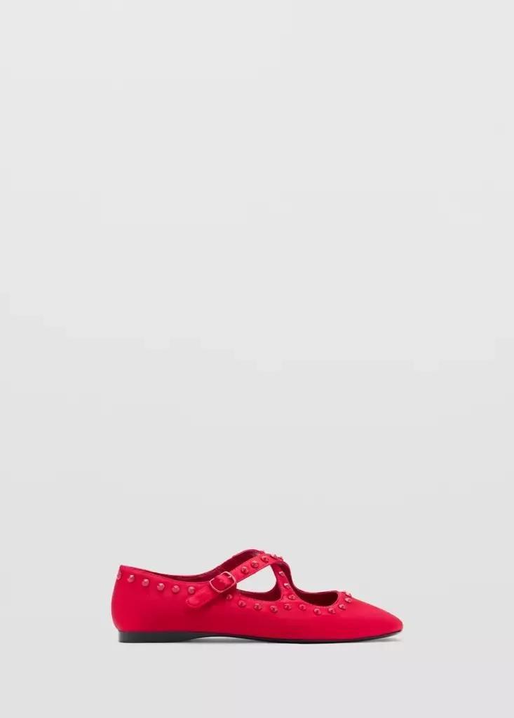Red Satin Studded Ballerinas, , medium