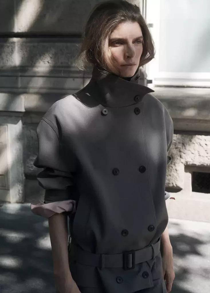 Grey Funnel Neck Belted Trench Coat, Grey, medium